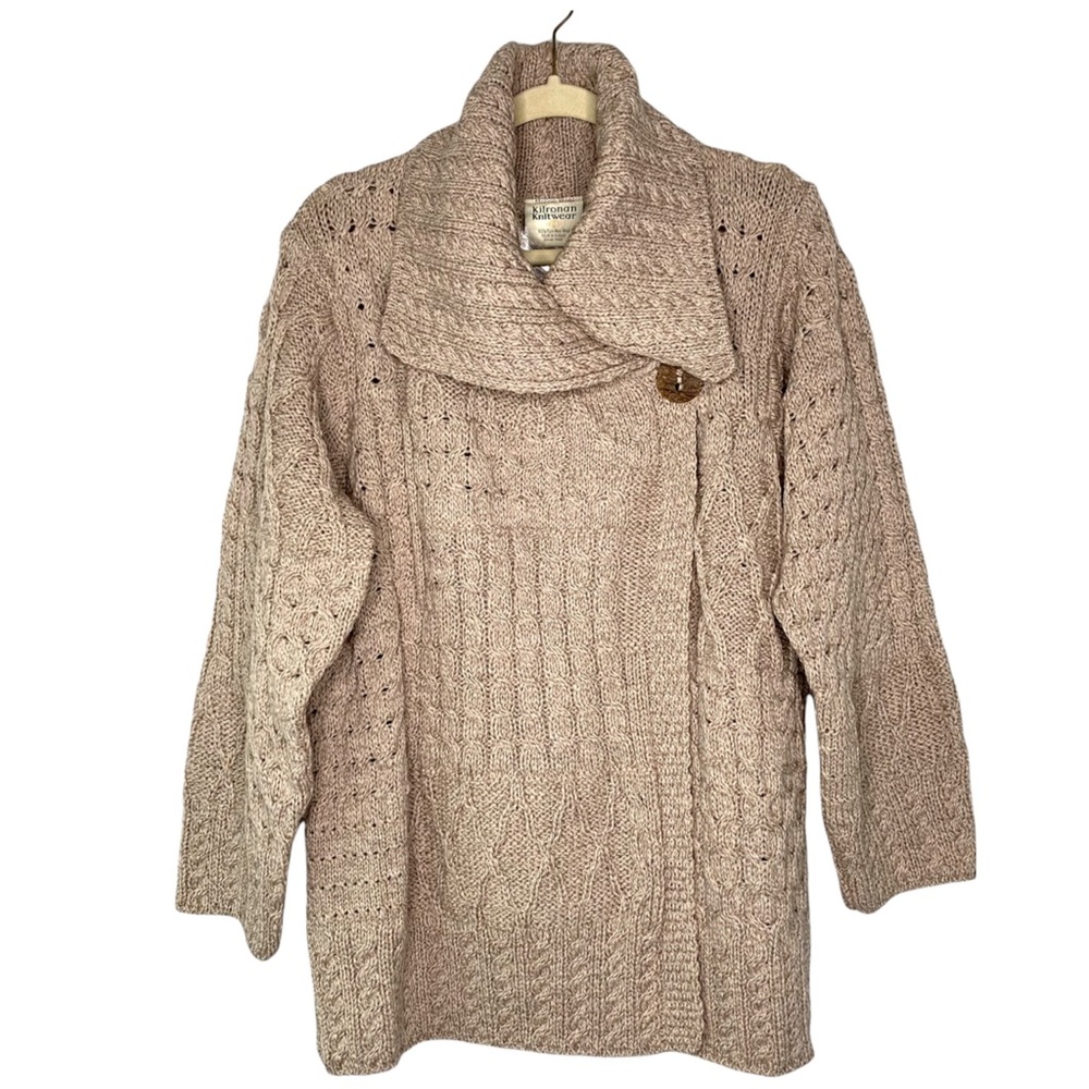 NEW Kilronan Knitwear Aran Irish Fisherman Cardigan Beige Merino Wool Sweater L